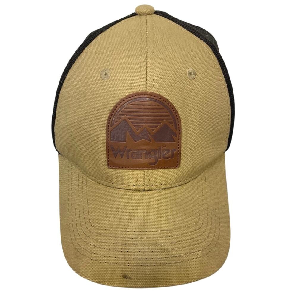 Wrangler Trucker Hat Tan Black Mesh Snapback Mountain Logo Patch Western Cap